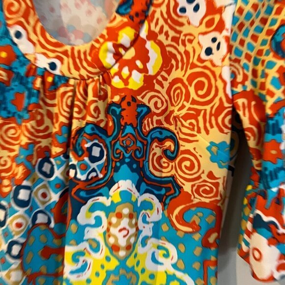 Jude Connally Dress Printed Blue 3/4 Ruffle Sleeve Cruise Shift Small Travel - Picture 3 of 5